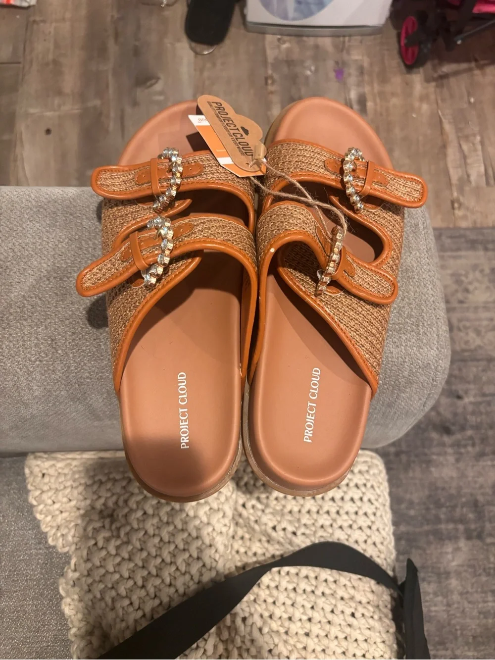 Women’s Woven Tan Buckle Slide Sandals